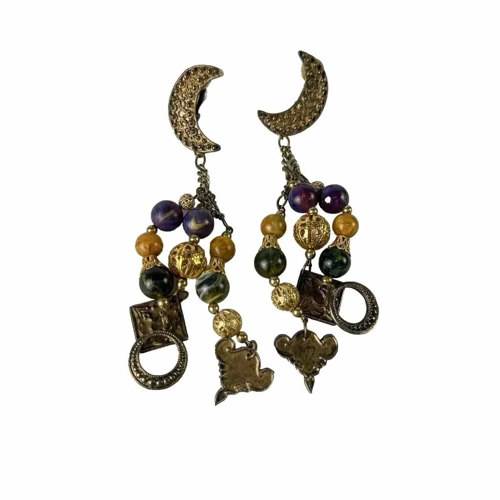 Vintage Gypsy Hippie Boho Purple Gold Color Fringe Dangle Earring Festival Celes